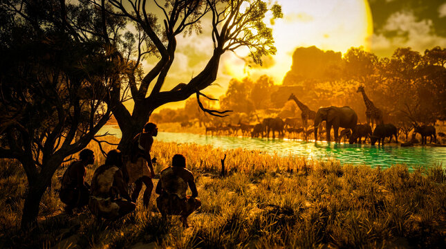 Human Evolution: Homo erectus tribe socializing under an ancient tree near a water hole with distant wildlife in the golden African plains at sunset CGI.