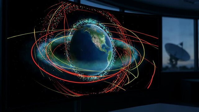 Earth sphere with orbital satellite network on digital screen. Global communication system and aerospace technology data visualization in network operations center.