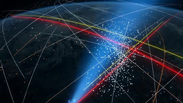 Satellite orbiting Earth with light beam signal transmission. Global communication network concept with digital orbit connection lines for radar data visualization.
