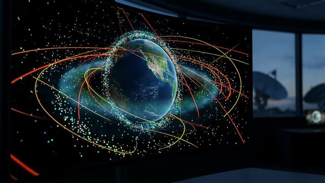 Globe with satellite orbits on a digital screen. View of Earth model with network connection paths inside a control room with antenna dishes through a window.