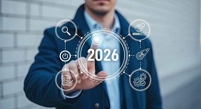 A businessman points toward a glowing circular 2026 digital interface displaying various icons while standing against a modern white brick wall in professional soft lighting.