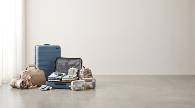Travel and Tourism: Open Suitcase with Baby Travel Items and Copy Space