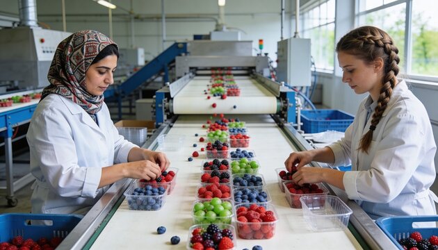 Sorting two women in lab coats, headscarf, braid, packing berries in clamshells on packing conveyor