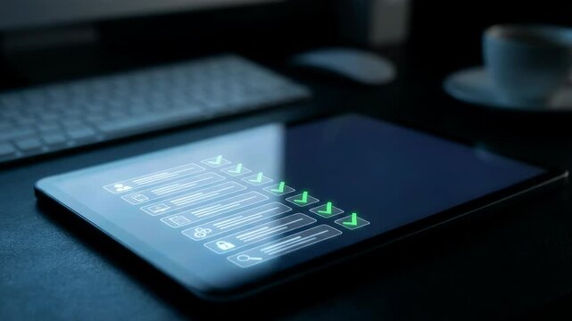 Tablet displaying interactive dashboard with navigation icons. Digital interface loading data for network analytics. Connectivity and wireless communication concept.