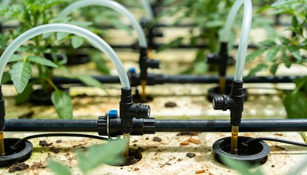 Showing black drip emitter feeding nutrient into net-pot on greenhouse bench with clear tubing