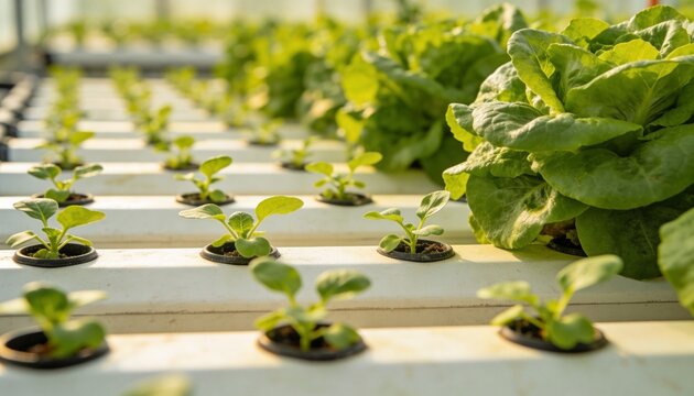 Displaying row of lettuce seedlings sprouting in greenhouse with white channels, black net pots