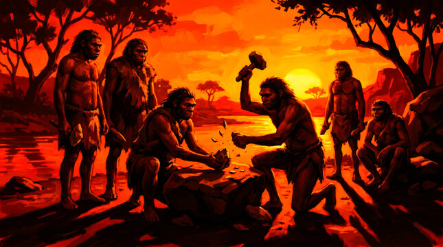 Human Evolution: Homo sapiens using primitive tools to work by the riverbank under a bright golden sun CGI.