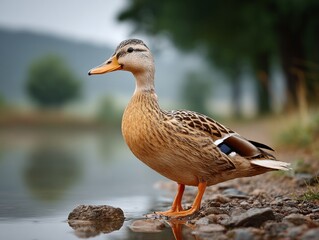 Fototapeta premium Wet female mallard duck resting on a lake shore in Poland