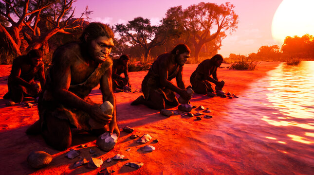 Human Evolution: homo Habillis standing by the water under a massive glowing sun in the savannah CGI.