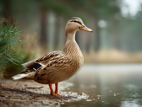 Wet female mallard duck resting on a lake shore in Poland