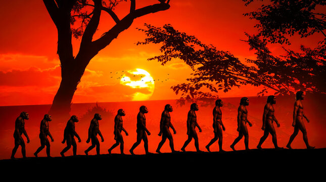 Human Evolution: Homo sapiens bipedal progression walking in a line across the savannah at golden hour CGI.