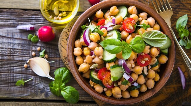 Fresh Healthy Chickpea Salad with Vegetables, Vegan Light Cold Side Dish for Daily Meal