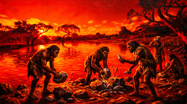 Human Evolution: Australopithecus using primitive stones to forage along a riverbank during a red sunset CGI.