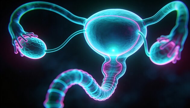 Displaying neon 3D reproductive model showing uterus, tubes, ovaries, cervix in dark studio