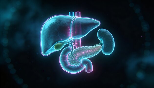 Showing neon organ cluster floating on dark backdrop, revealing liver gallbladder pancreas kidney