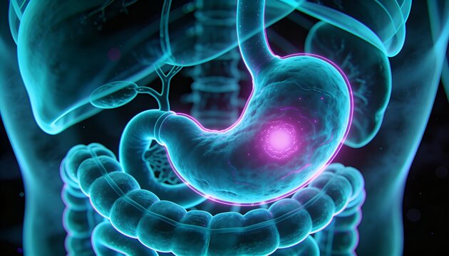 Highlighting J-shaped stomach showing magenta focal point in medical 3D view with esophagus, colon