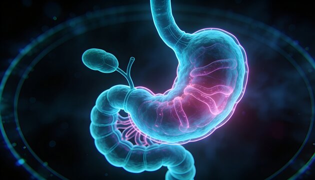 Floating stomach, esophagus, duodenum and gallbladder with rugae glowing in dark space, HUD rings