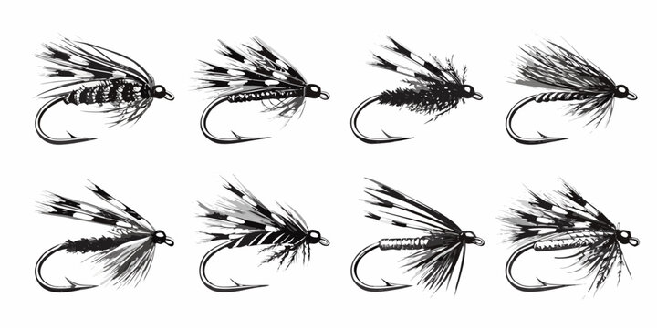 fishing flies collection black and white sketch illustration