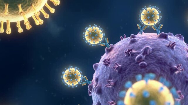 Virus particle attaching to cell surface. Antibodies binding to viral spike protein receptor. Microbiological process of infection or immune system response mechanism.