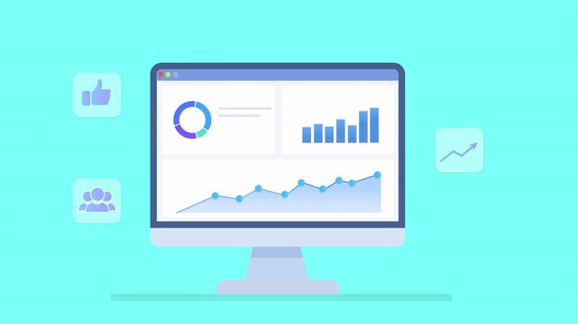Animated illustration of a social media analytics dashboard with charts and engagement icons on desktop monitor, suitable for marketing and business concepts.