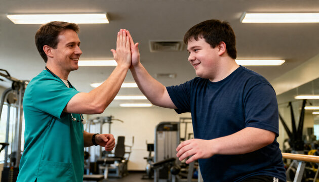 High-fiving PT encouraging teen patient in rehab, wearing teal scrubs, stethoscope near handrail