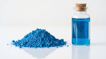 Obraz premium concentrated blue chemical blue copper peptides in both powder glass vial of dissolved aqueous solution raw pigment to liquid dye.