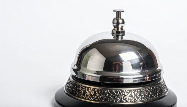 Classic silver hotel bell with ornate base on a clean white background studio shot