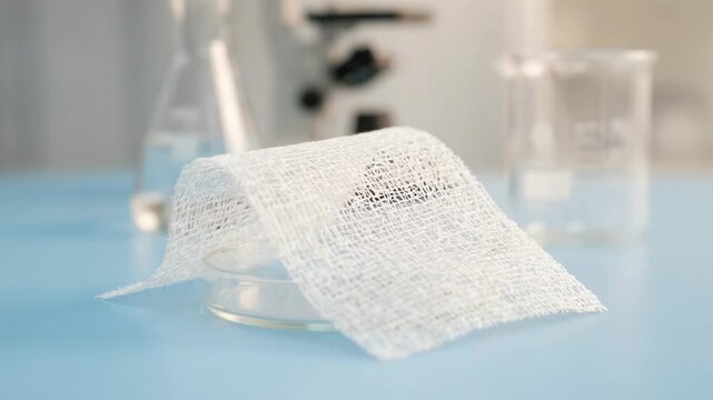 Gauze fabric on Petri dish in medical laboratory. Piece of medical cloth for experiment on table. Scientific research, sterile material and testing concept.