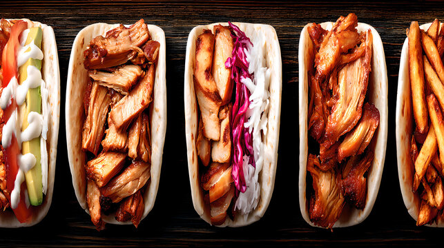 carnitas. Traditional Mexican street tacos with pork, avocado, and cilantro arranged on a rustic wooden surface. menu design.