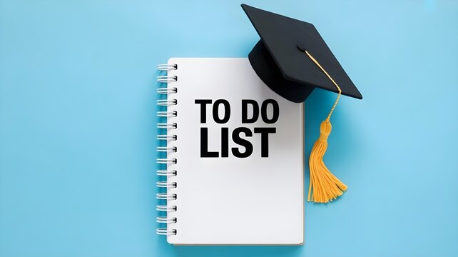 Graduation cap on a to do list notebook on blue background symbolizing education and planning
