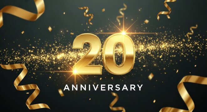 Golden confetti celebrates 20th anniversary with ribbons and sparkles