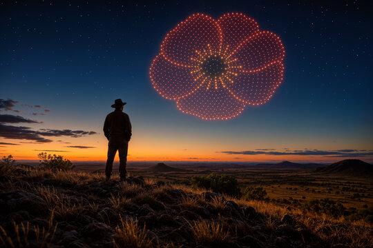 ANZAC Day drone tribute over Australian outback with lone veteran silhouette watching glowing red poppy formation in twilight remembrance