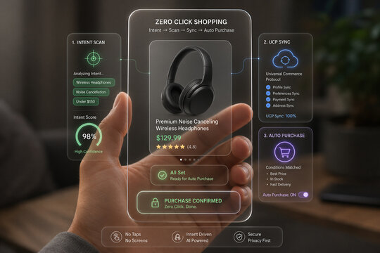 Zero click shopping interface with intent scan UCP sync and auto purchase for premium noise canceling wireless headphones wearable commerce technology hand hologram
