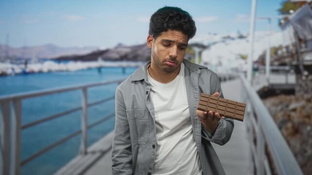 Young hispanic man holding chocolate bar in an open palm with lips pouting while inspecting it on a street waterfront; disappointment.