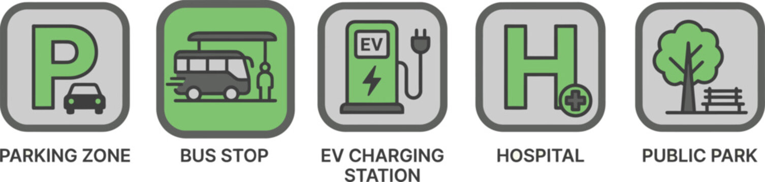 Modern urban infrastructure icon set, green city map symbols for parking zone and bus stop, EV charging station and hospital signage vector