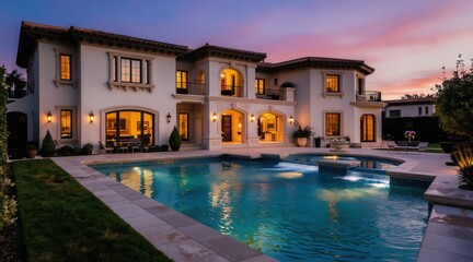 Fototapeta premium Luxury mansion with pool at twilight. Two-story villa features elegant architecture and illuminated water. Perfect for vacations and real estate.