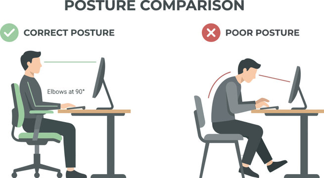 Ergonomic posture comparison vector, correct and poor sitting positions at computer desk, office ergonomics for healthy back and spine