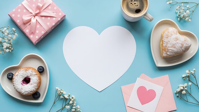 A romantic setup with heart-shaped treats and gifts on a blue table