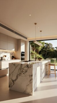 Elegant marble kitchen island with modern pendant lights. Bright interior features large window with garden view. Clean design, spacious feel, ample natural daylight.