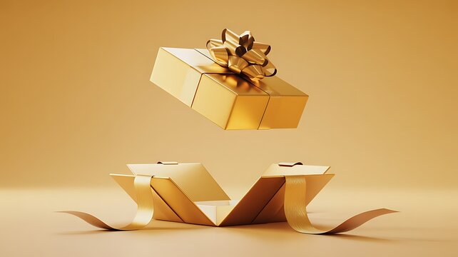 A product photography shot shows a gift box floating above crumpled paper on a table indoors.