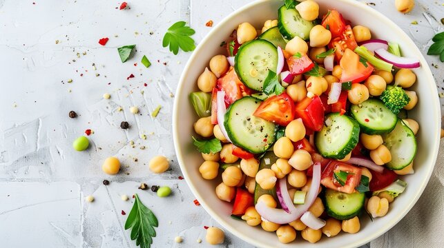 Fresh Healthy Chickpea Salad with Vegetables, Vegan Light Cold Side Dish for Daily Meal