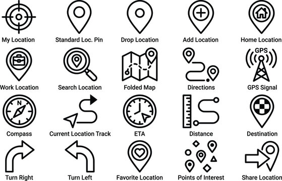 Map location icons set, 20 navigation line vector elements, GPS tracking and destination pins for mobile app interface and web design