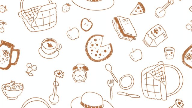 Picnic elements whimsical cartoon outline style seamless pattern 