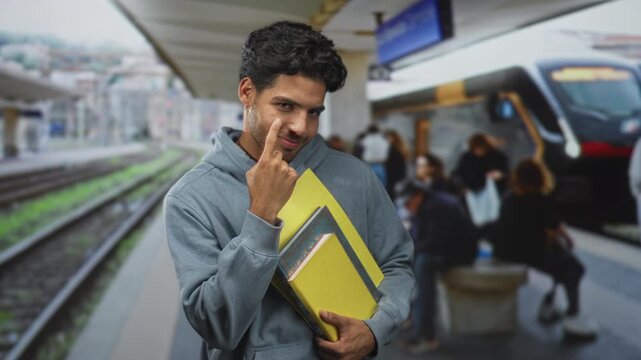 Man points finger to cheek while holding yellow folder and notebook on a train platform building, near tracks and a passenger train; casual confidence.