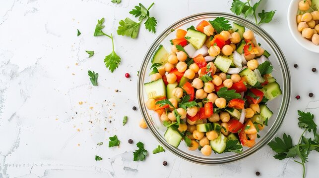 Fresh Healthy Chickpea Salad with Vegetables, Vegan Light Cold Side Dish for Daily Meal
