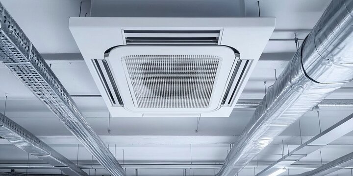 Stylish Ceiling Mounted Air Conditioning Unit in Modern Industrial Building with Exposed Ductwork
