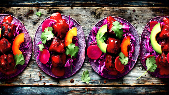 carnitas. Traditional Mexican street tacos with pork, avocado, and cilantro arranged on a rustic wooden surface. menu design.