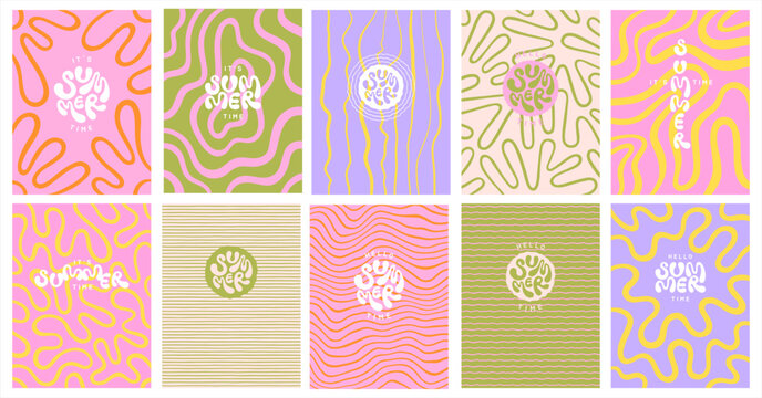 Deformed uneven organic lines wavy stripes vector funky groovy maze 3:4 striped backgrounds set. Hello it's SUMMER time hand lettering. Doodle patterns collection uneven hand drawn twisted lines waves
