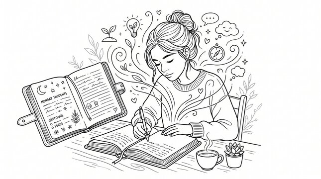 Student studying and writing in open books with coffee and symbolic ideas line art black and white hand drawn studying education learning knowledge research notebook lightbulb brainstorming