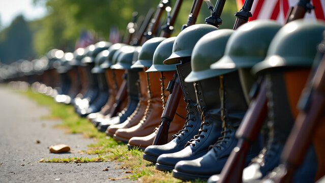 Long row of fallen soldier battle crosses with rifles, helmets, and boots on bright day